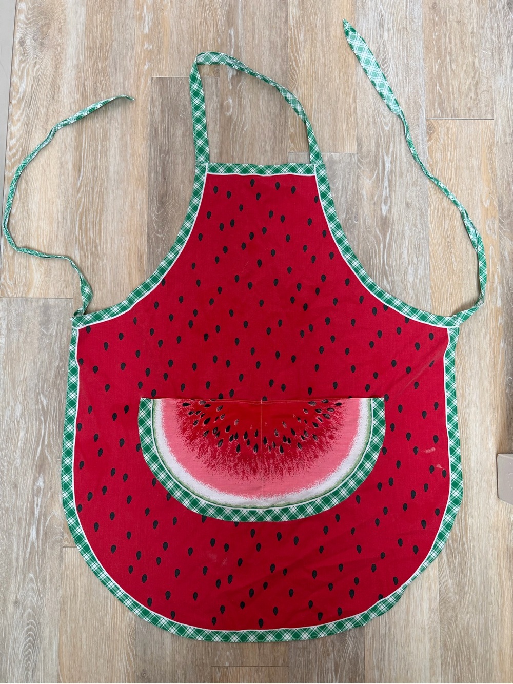 Vintage Watermelon Print Kitchen Apron with Green Plaid Trim